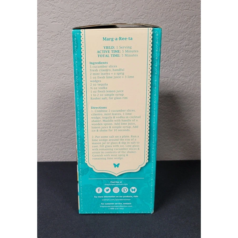 The Pioneer Woman Cassie Embossed Cocktail Mixer Teal Glass w/ Metal Lid NEW